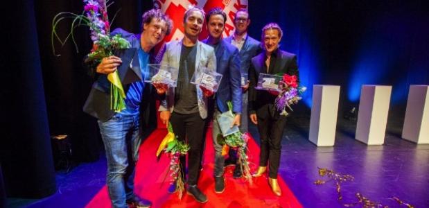 De prijsdieren: Van links naar rechts: Jochem Myjer, Rundfunk, Tim Fransen en Joost Spijkers